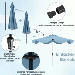 Terrassenschirm mit Kurbel Neigung per Druckknopf & Gerüschten Kanten Tischschirm Marineblau/Beige