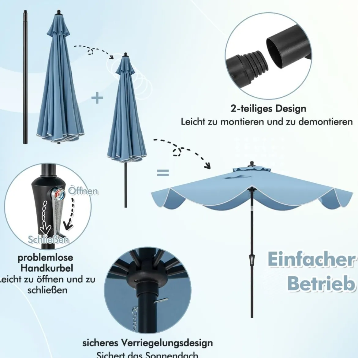 Terrassenschirm mit Kurbel Neigung per Druckknopf & Gerüschten Kanten Tischschirm Marineblau/Beige