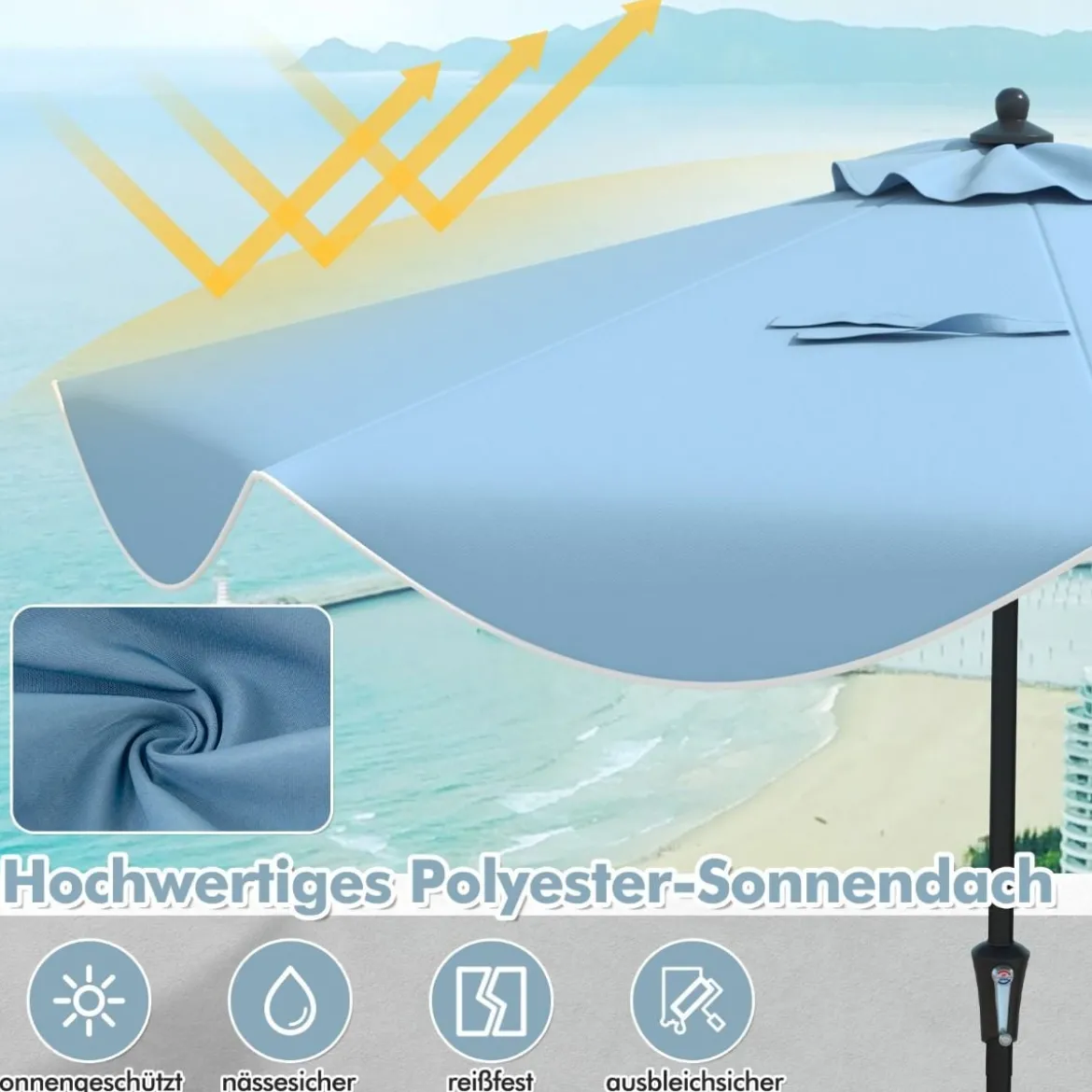 Terrassenschirm mit Kurbel Neigung per Druckknopf & Gerüschten Kanten Tischschirm Marineblau/Beige