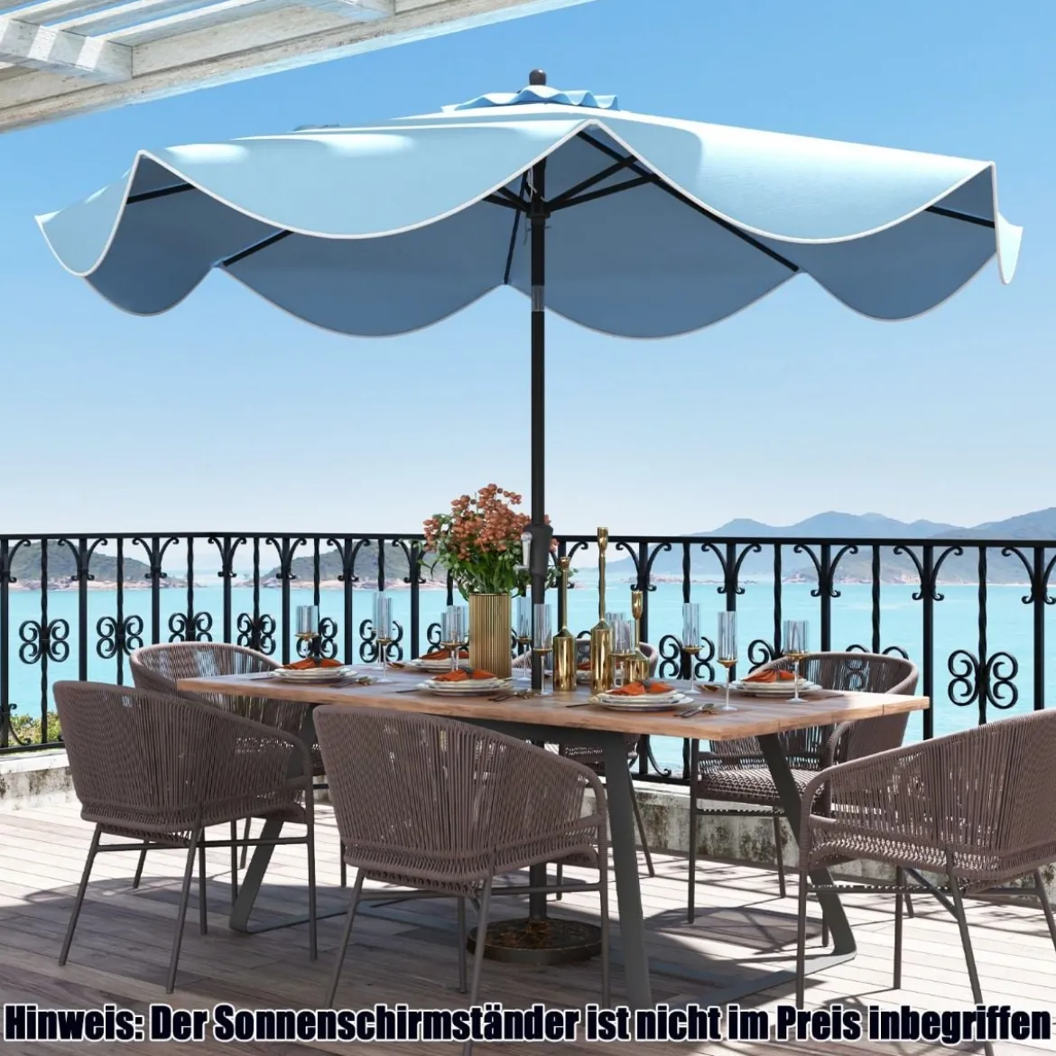 Terrassenschirm mit Kurbel Neigung per Druckknopf & Gerüschten Kanten Tischschirm Marineblau/Beige