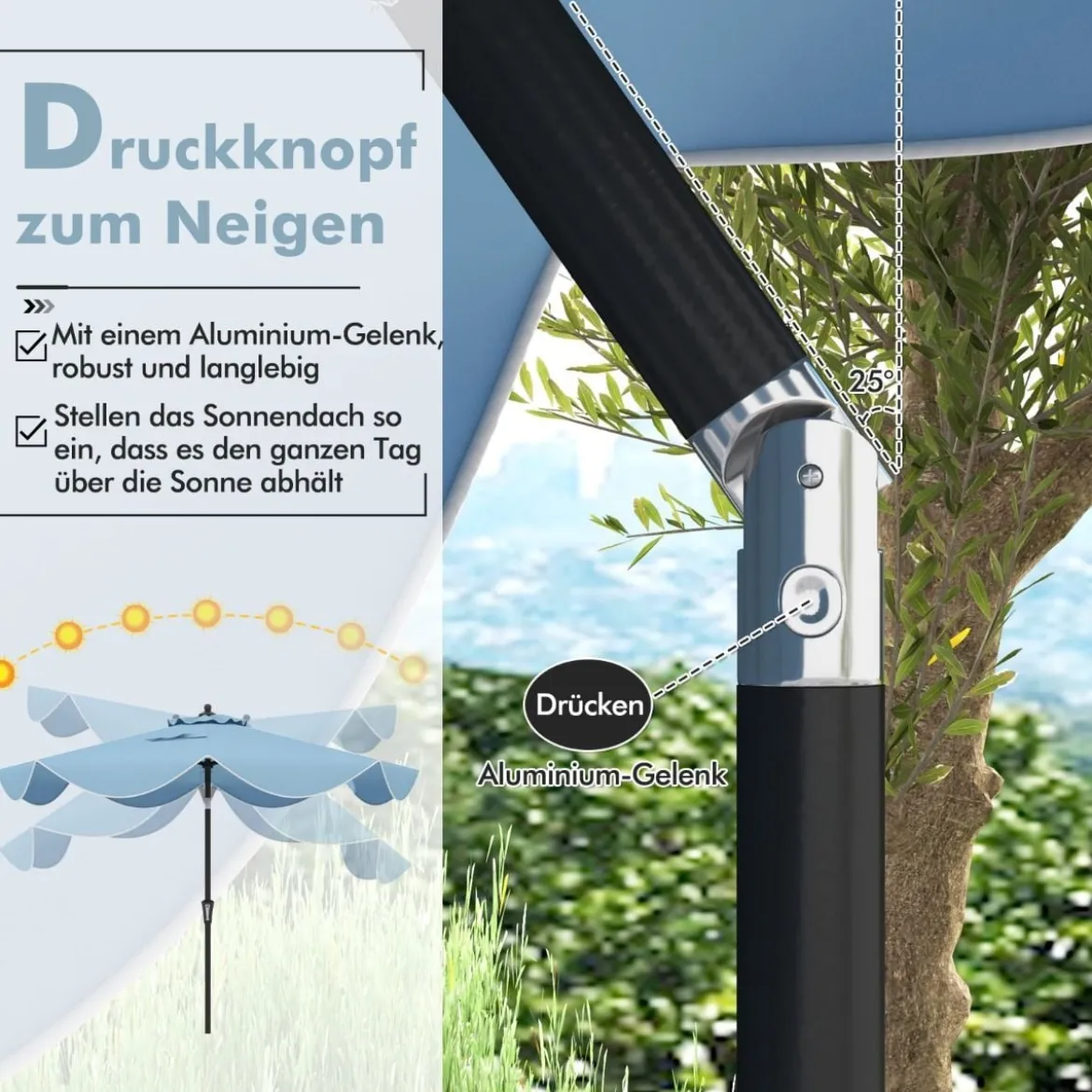 Terrassenschirm mit Kurbel Neigung per Druckknopf & Gerüschten Kanten Tischschirm Marineblau/Beige
