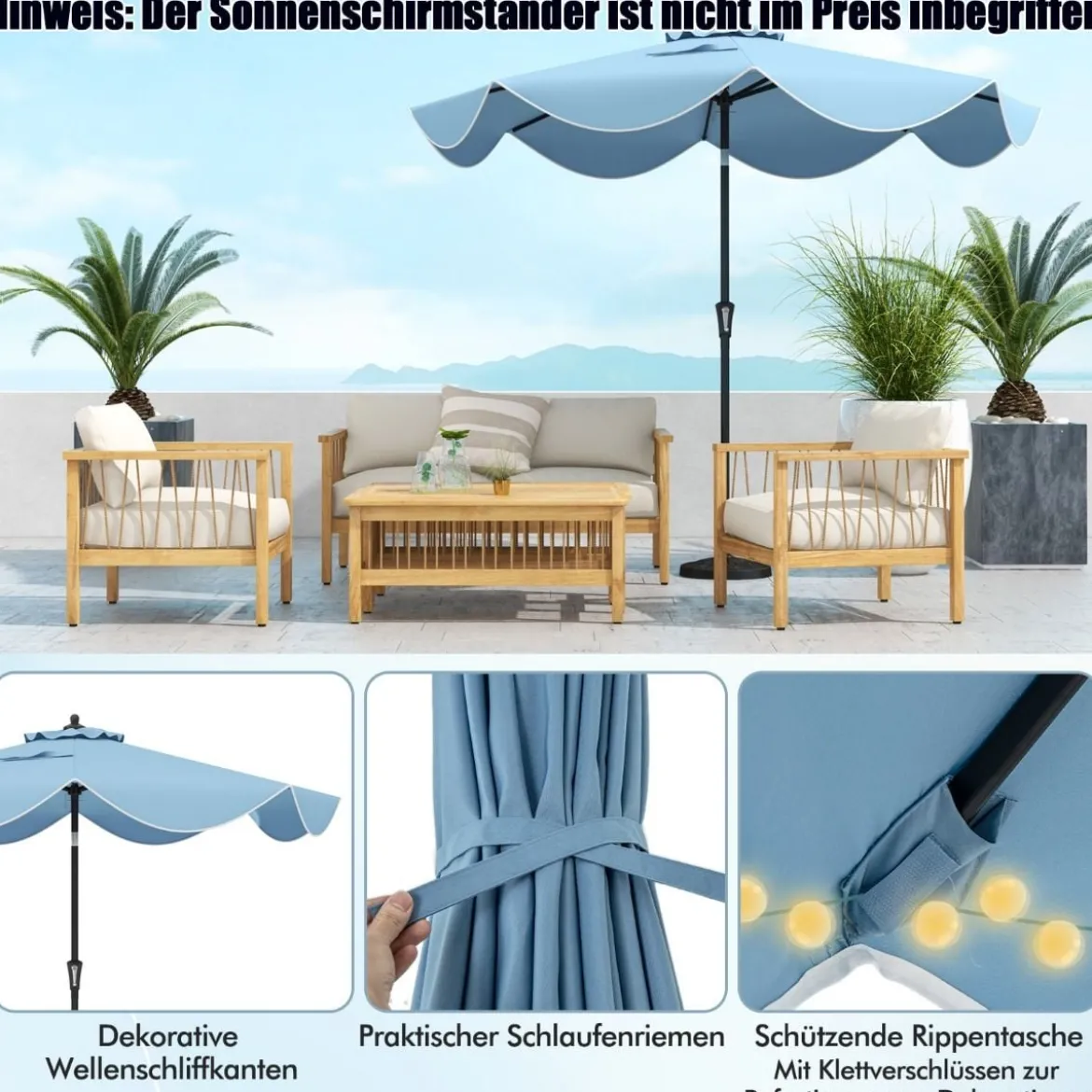 Terrassenschirm mit Kurbel Neigung per Druckknopf & Gerüschten Kanten Tischschirm Marineblau/Beige