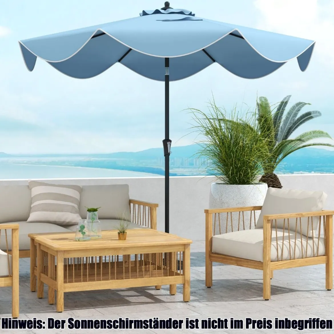 Terrassenschirm mit Kurbel Neigung per Druckknopf & Gerüschten Kanten Tischschirm Marineblau/Beige
