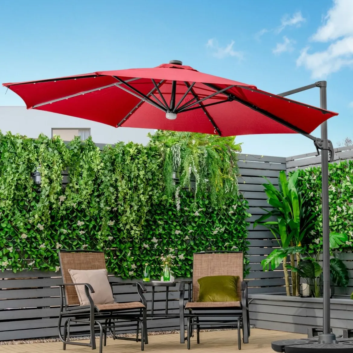 Terrassenschirm mit 28 LED-Lichtern & Nabenleuchte für Cafés Pools Gärten Ø300 x 253 cm Weinrot