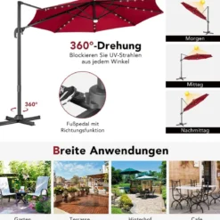 Terrassenschirm mit 28 LED-Lichtern & Nabenleuchte für Cafés Pools Gärten Ø300 x 253 cm Weinrot