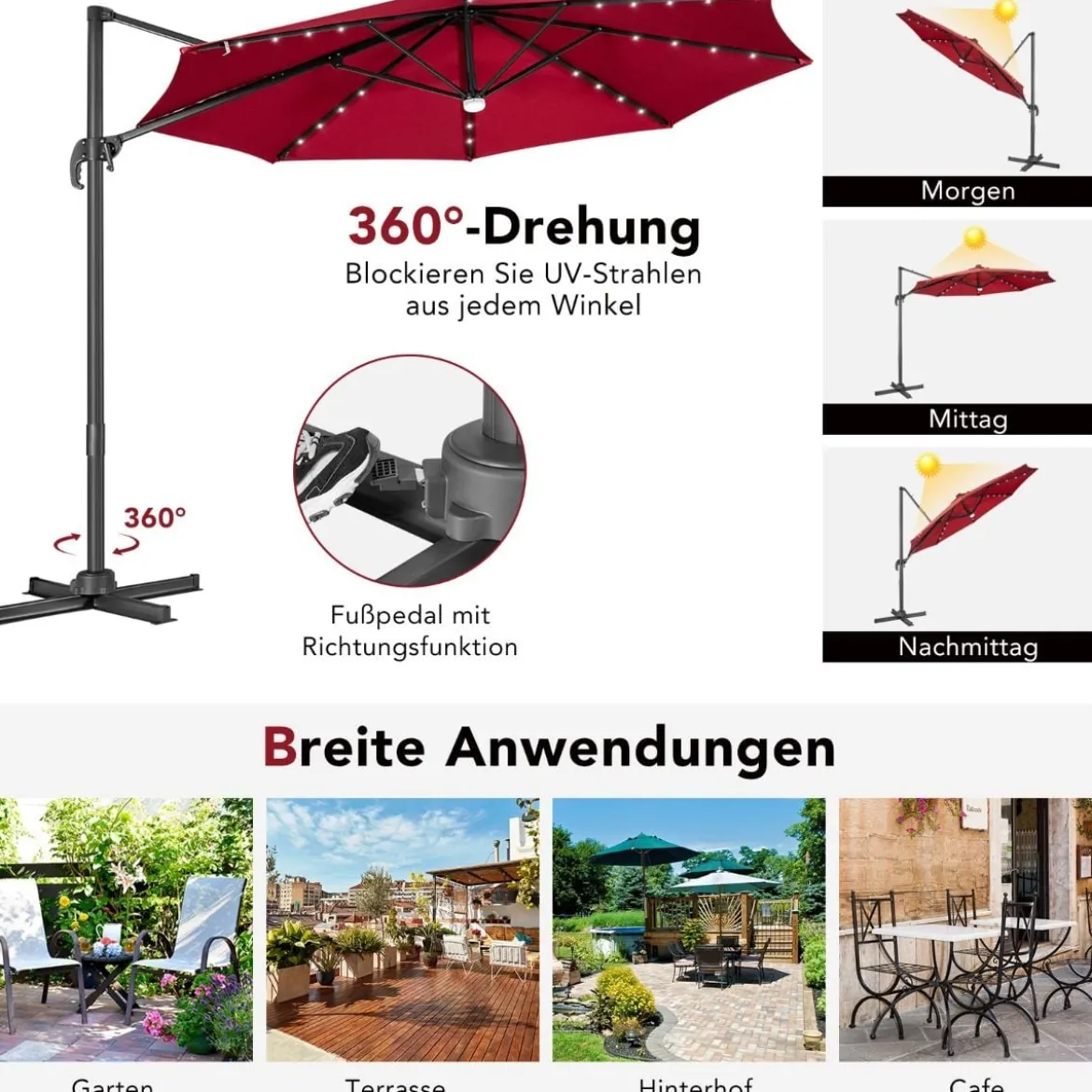 Terrassenschirm mit 28 LED-Lichtern & Nabenleuchte für Cafés Pools Gärten Ø300 x 253 cm Weinrot