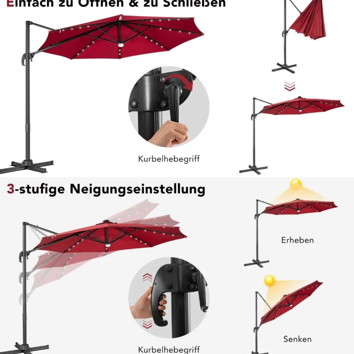 Terrassenschirm mit 28 LED-Lichtern & Nabenleuchte für Cafés Pools Gärten Ø300 x 253 cm Weinrot