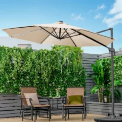 Ø300 Terrassenschirm mit 28 LED-Lichtern & 3 Neigungseinstellungen für Cafés Pools Gärten Beige