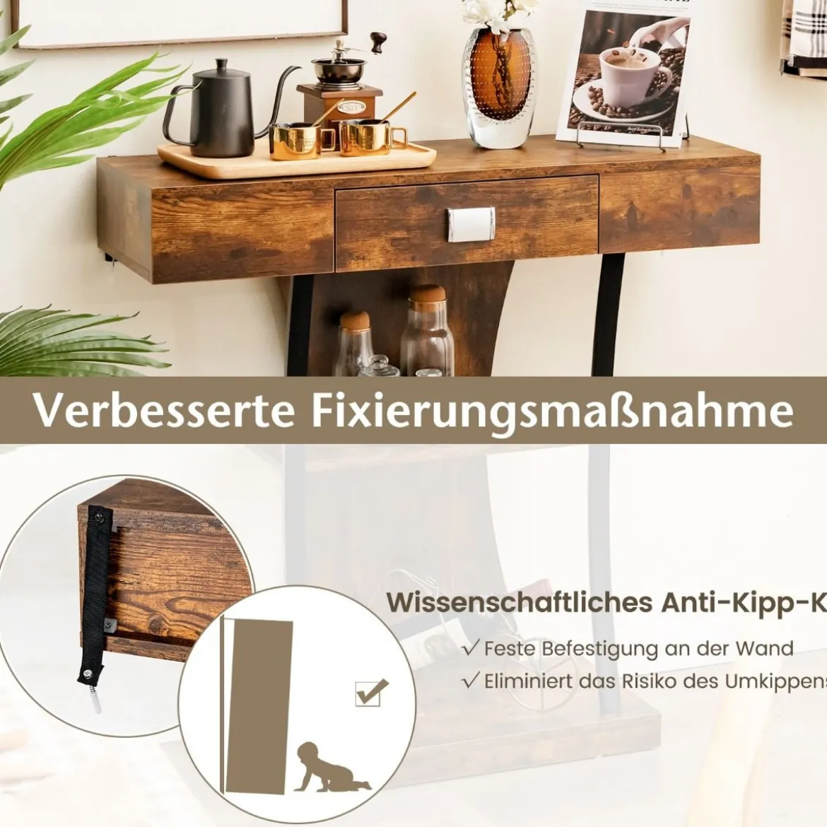T-Förmiger Konsolentisch für kleine Räume 91 x 30 x 88 cm Rustikales Braun