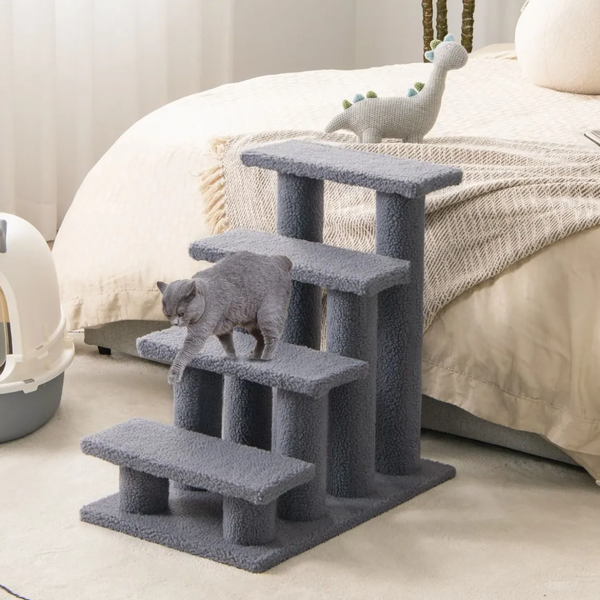Tiertreppe Kletterbaum Katzentreppe für Katze bis 25 kg 61 x 41 x 60 cm Grau