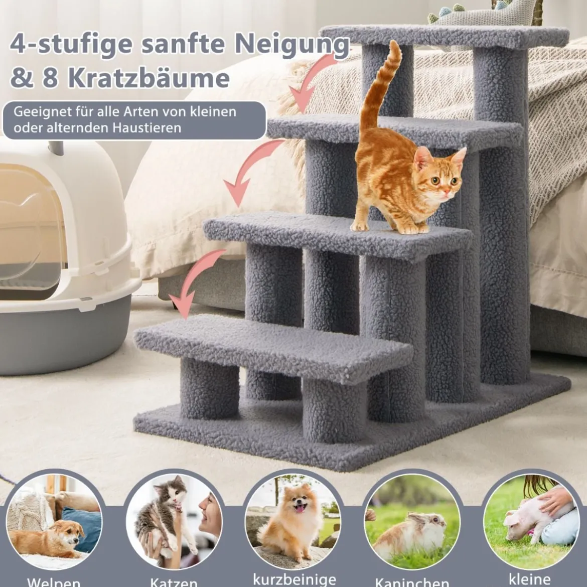 Tiertreppe Kletterbaum Katzentreppe für Katze bis 25 kg 61 x 41 x 60 cm Grau