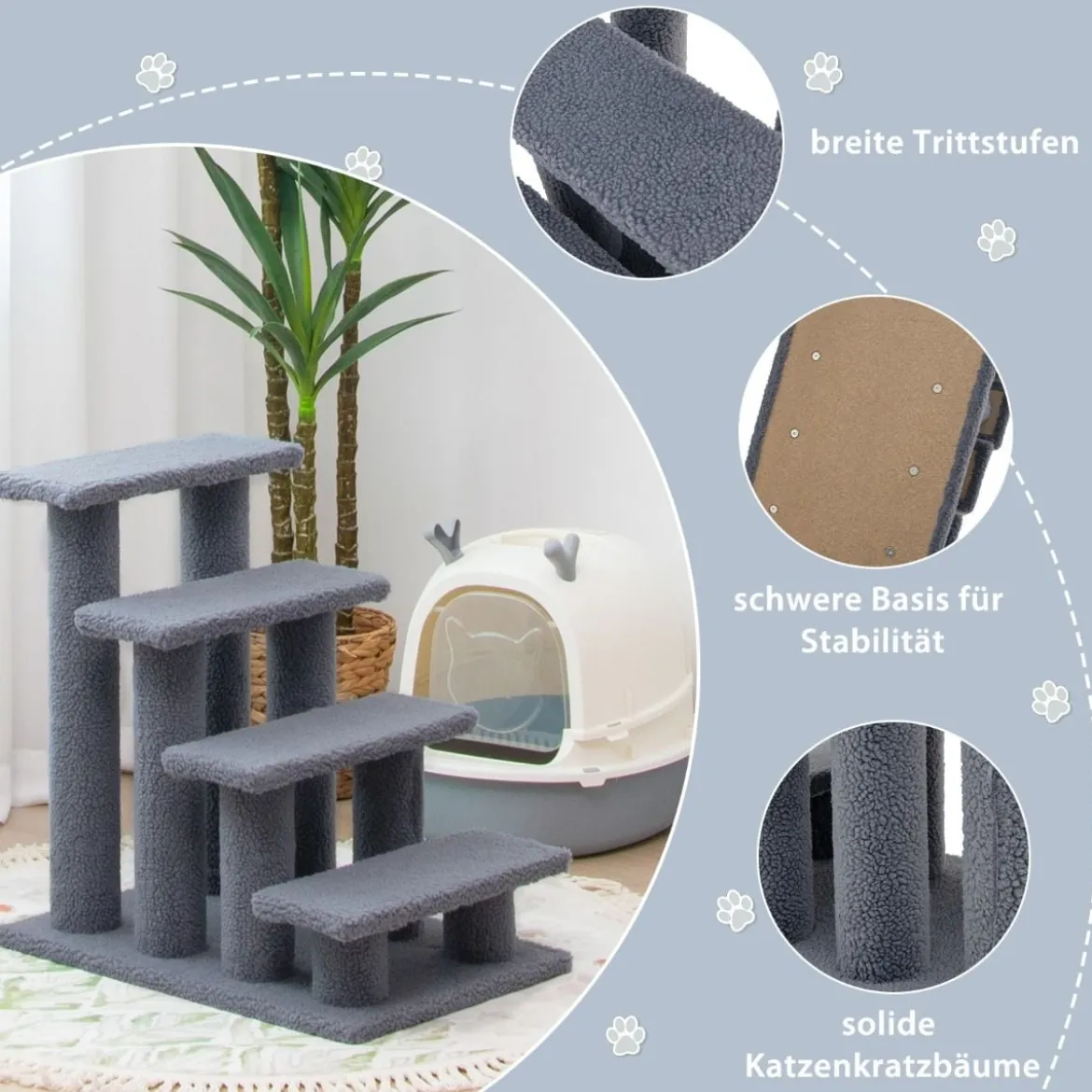 Tiertreppe Kletterbaum Katzentreppe für Katze bis 25 kg 61 x 41 x 60 cm Grau