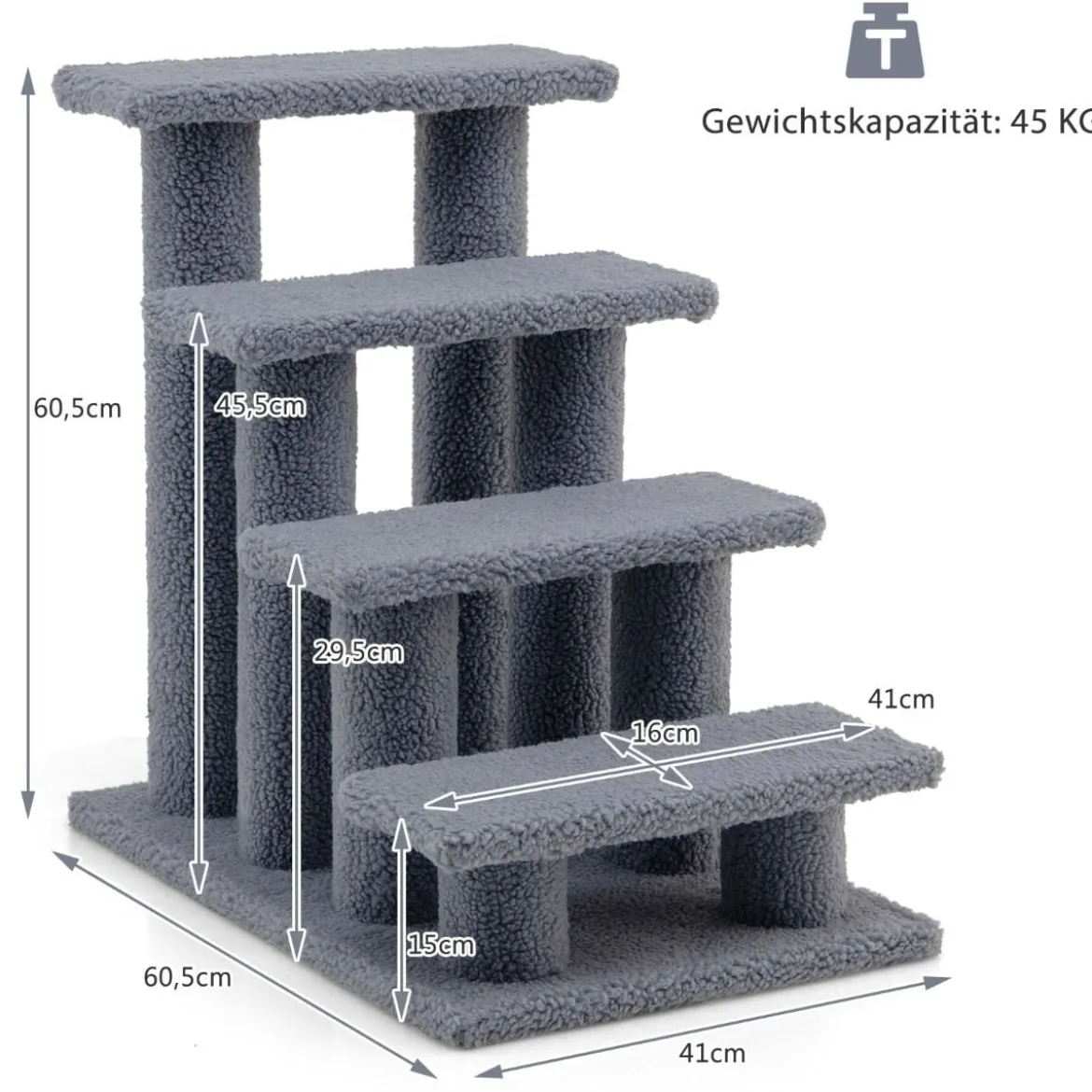 Tiertreppe Kletterbaum Katzentreppe für Katze bis 25 kg 61 x 41 x 60 cm Grau