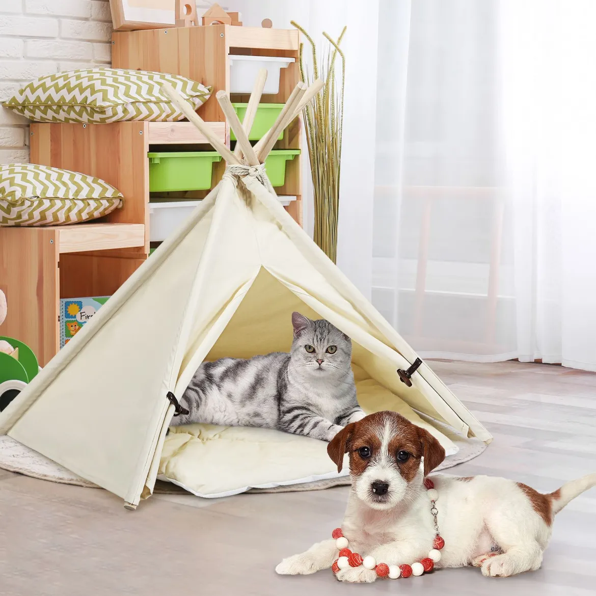 Tipi für Haustiere Zelt mit dickem und rutschfestem Kissen tragbares Haustierhaus Hundezelt Katzenzelt Beige