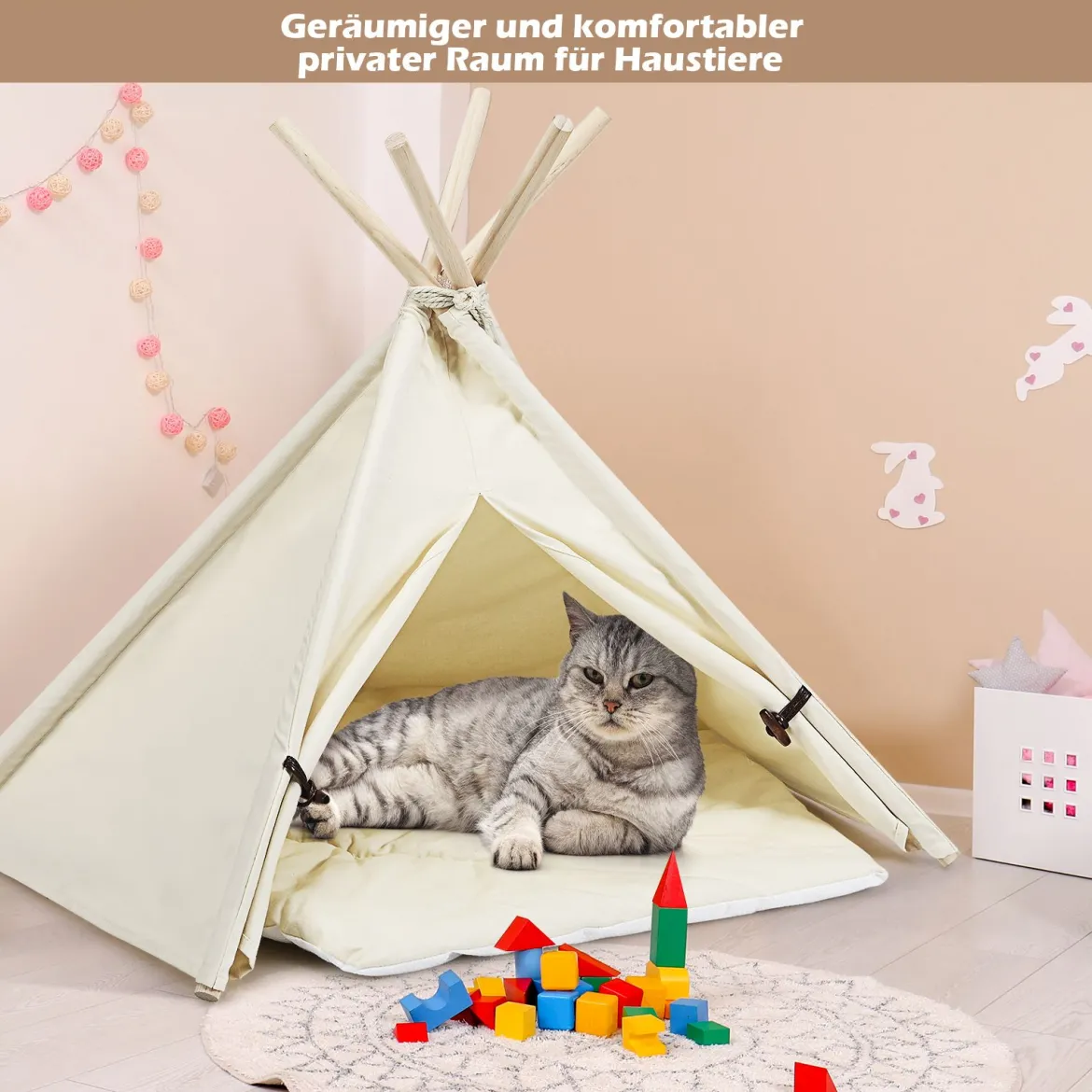 Tipi für Haustiere Zelt mit dickem und rutschfestem Kissen tragbares Haustierhaus Hundezelt Katzenzelt Beige