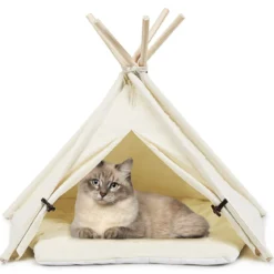 Tipi für Haustiere Zelt mit dickem und rutschfestem Kissen tragbares Haustierhaus Hundezelt Katzenzelt Beige