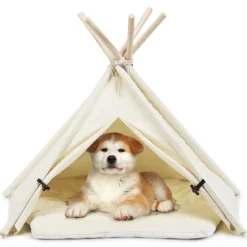 Tipi für Haustiere Zelt mit dickem und rutschfestem Kissen tragbares Haustierhaus Hundezelt Katzenzelt Beige