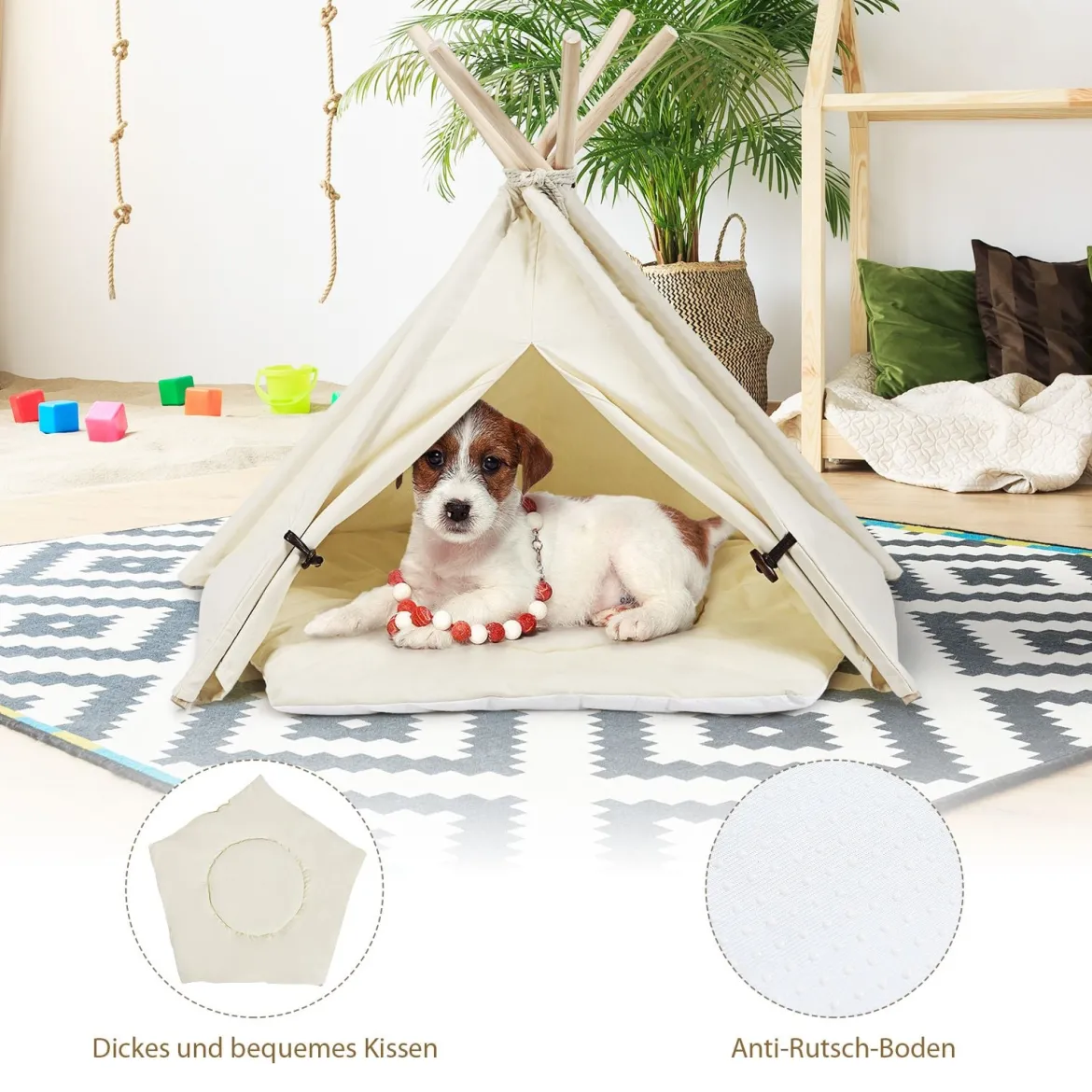 Tipi für Haustiere Zelt mit dickem und rutschfestem Kissen tragbares Haustierhaus Hundezelt Katzenzelt Beige