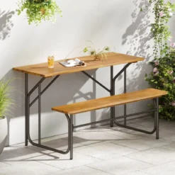 Tisch-Bank-Set für 2 Personen Picknicktisch & Loveseat mit Akazienholzplatte & Metallbeinen Natur