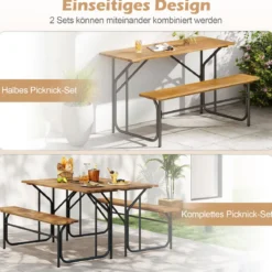 Tisch-Bank-Set für 2 Personen Picknicktisch & Loveseat mit Akazienholzplatte & Metallbeinen Natur