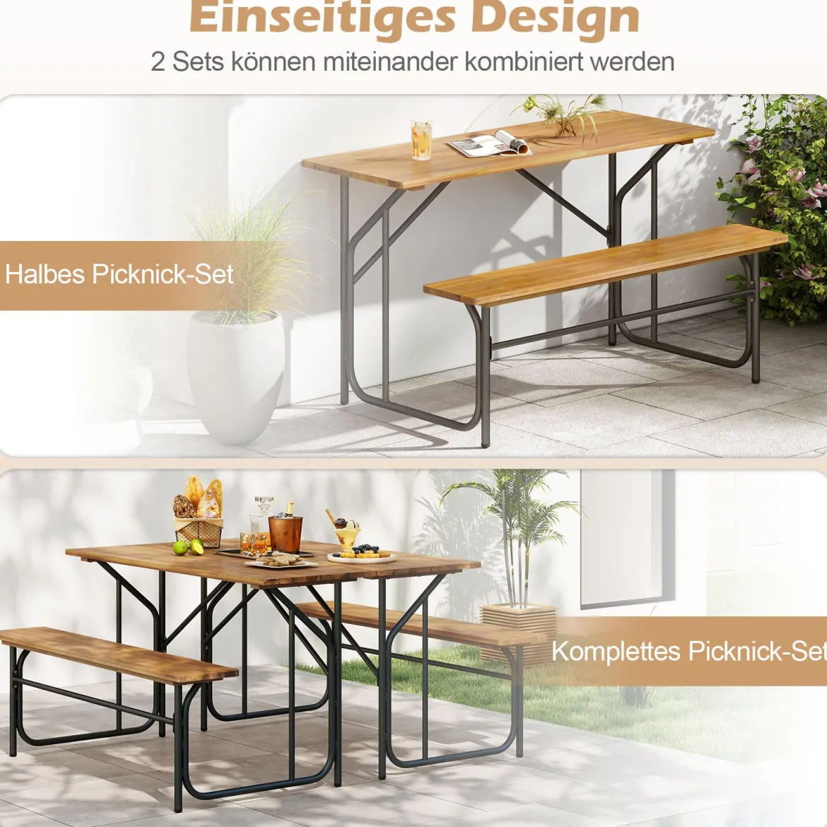 Tisch-Bank-Set für 2 Personen Picknicktisch & Loveseat mit Akazienholzplatte & Metallbeinen Natur