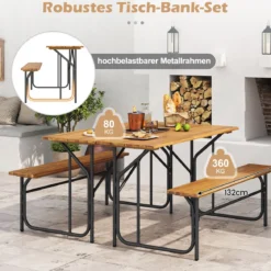 Tisch-Bank-Set für 2 Personen Picknicktisch & Loveseat mit Akazienholzplatte & Metallbeinen Natur