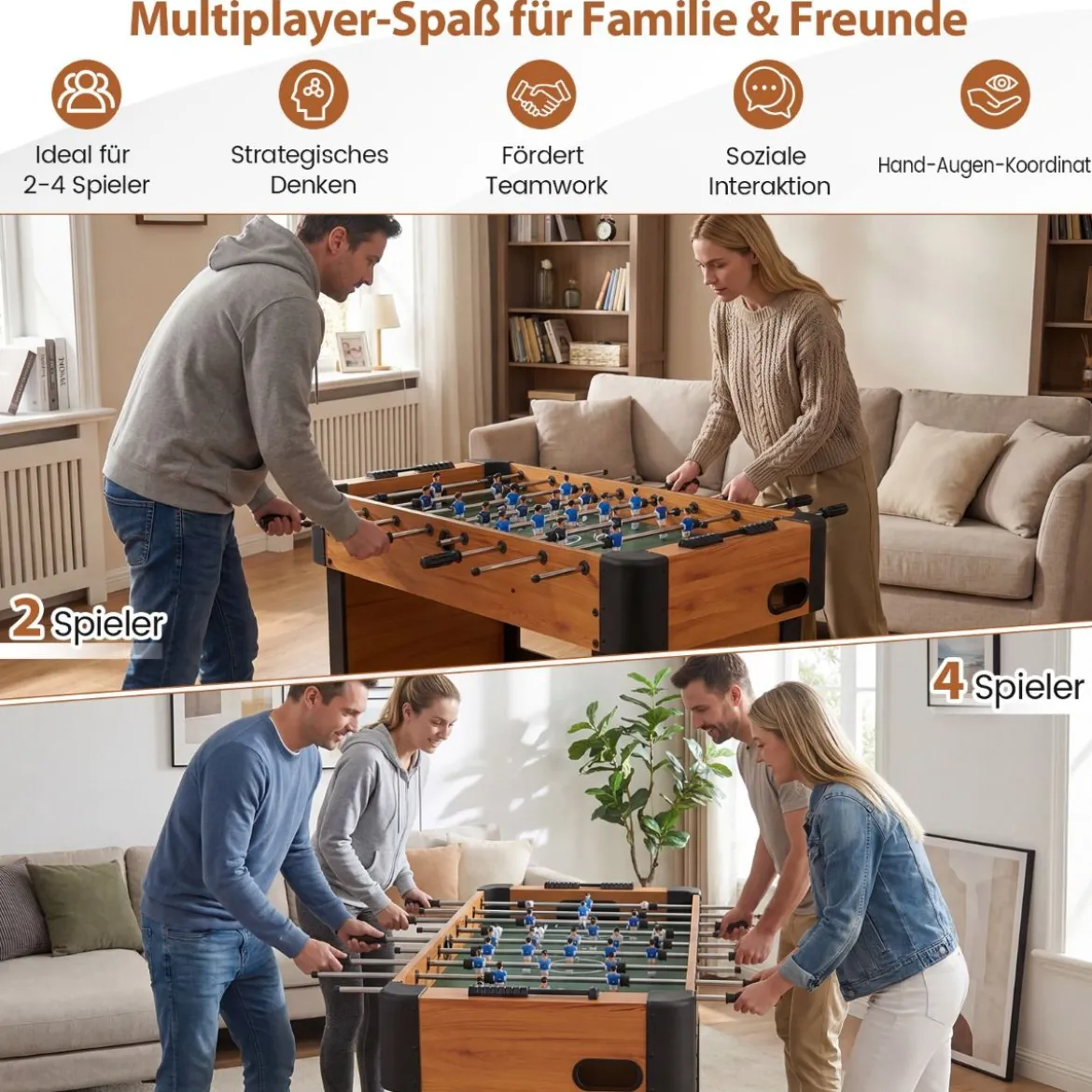 Tischfußball mit 22 Spielern & 2 Bällen & Schiebepunktezählern Fußballspieltisch Natur