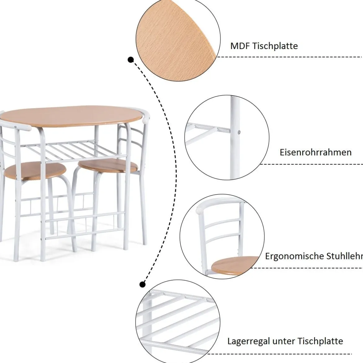 Tischgruppe 3 tlg Minimalismus Design Küche Essgruppe Esszimmergarnitur Natur
