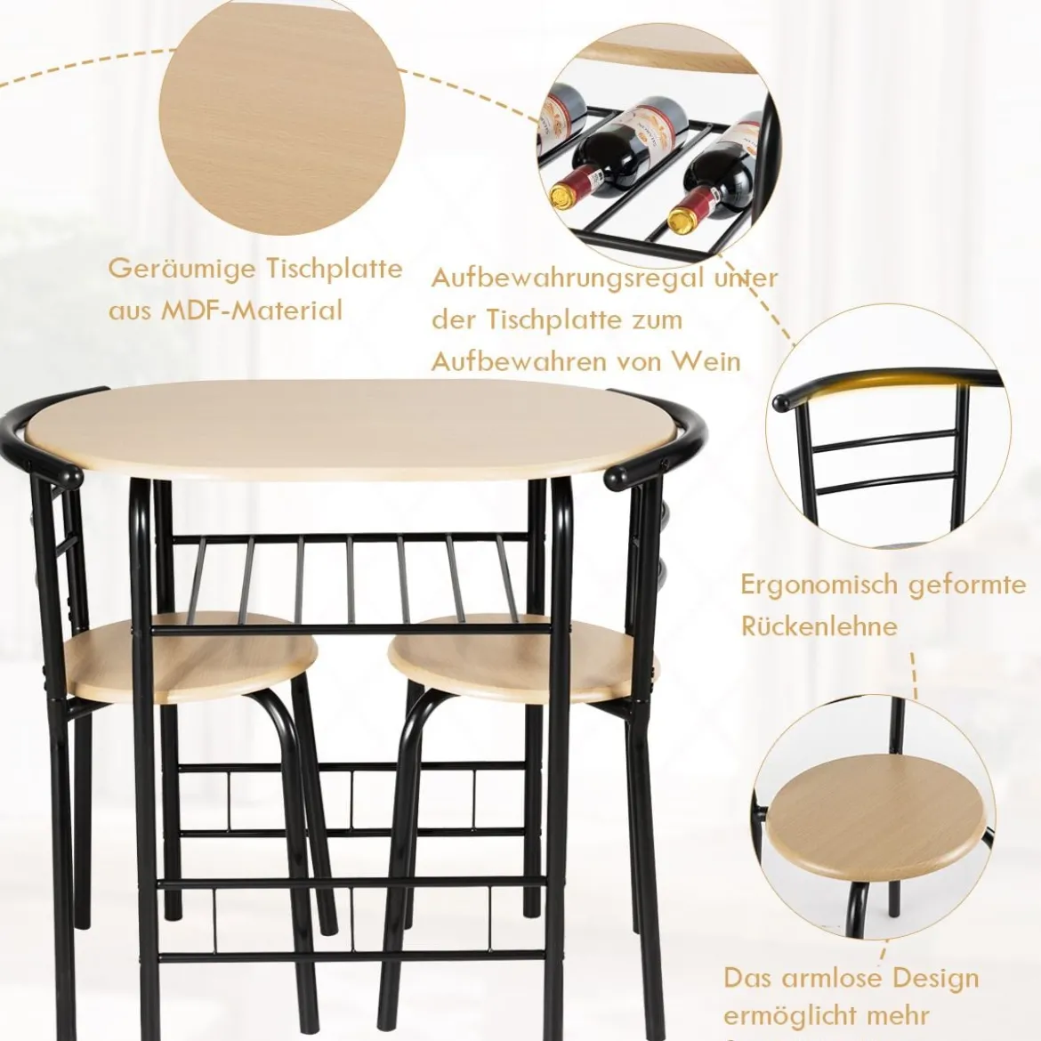 Tischgruppe 3 tlg Minimalismus Design Küche Essgruppe Esszimmergarnitur Schwarz