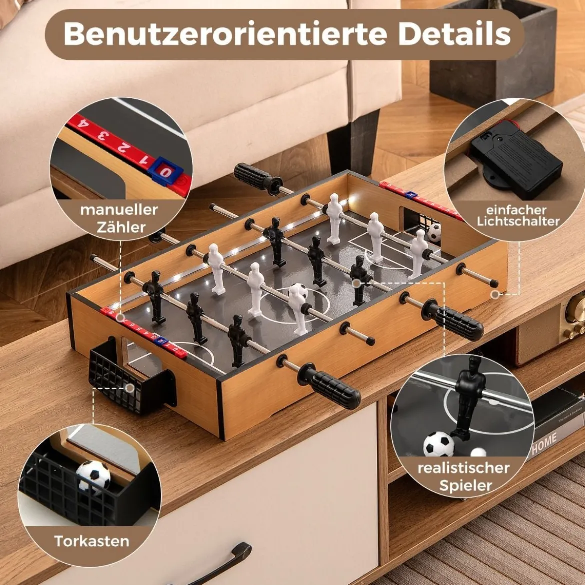 Tischkicker inkl. 2 Fußbälle & LED-Licht Kickertisch aus Holz Tischfußball Mini Fußball Spieltisch