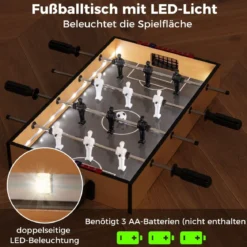Tischkicker inkl. 2 Fußbälle & LED-Licht Kickertisch aus Holz Tischfußball Mini Fußball Spieltisch