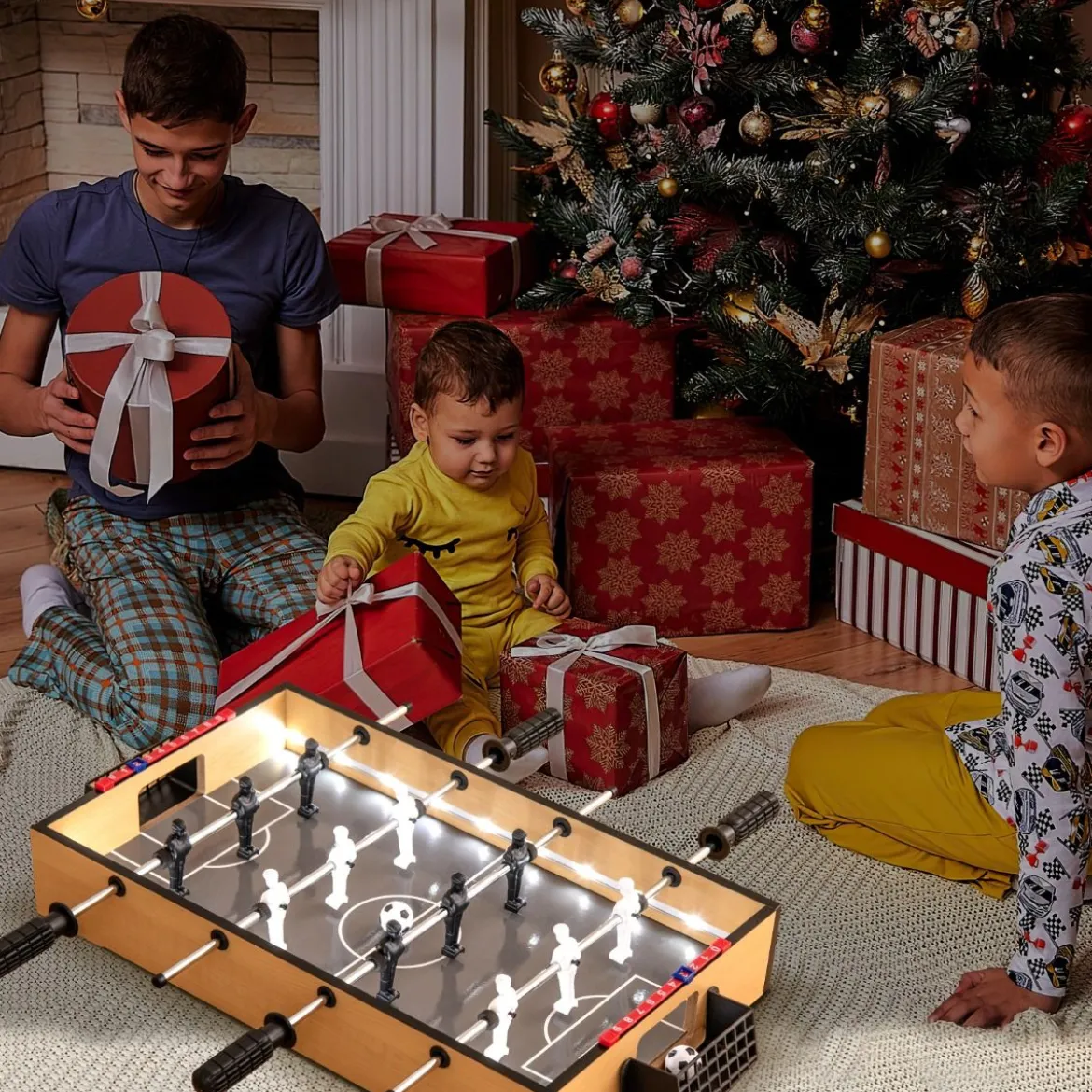 Tischkicker inkl. 2 Fußbälle & LED-Licht Kickertisch aus Holz Tischfußball Mini Fußball Spieltisch