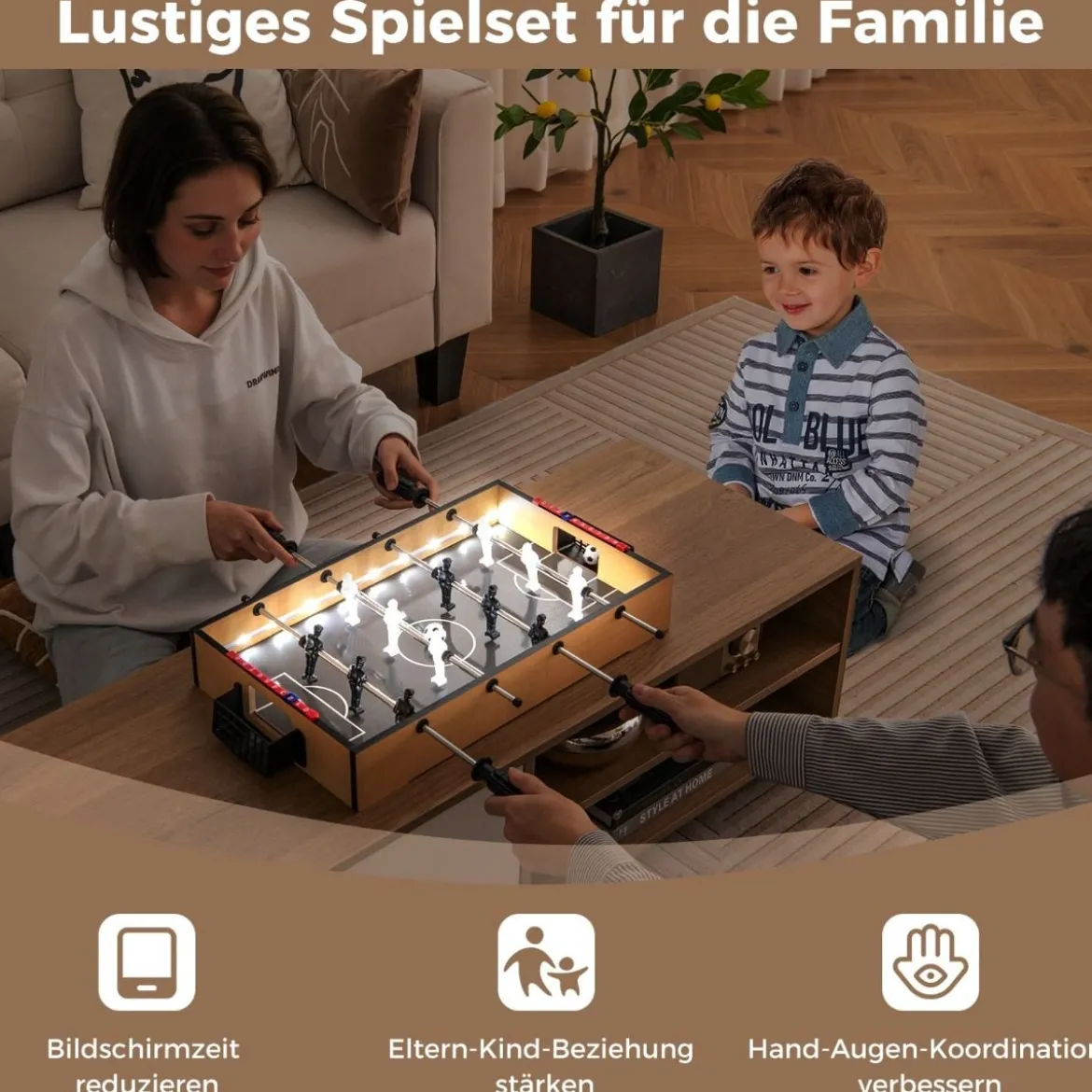 Tischkicker inkl. 2 Fußbälle & LED-Licht Kickertisch aus Holz Tischfußball Mini Fußball Spieltisch