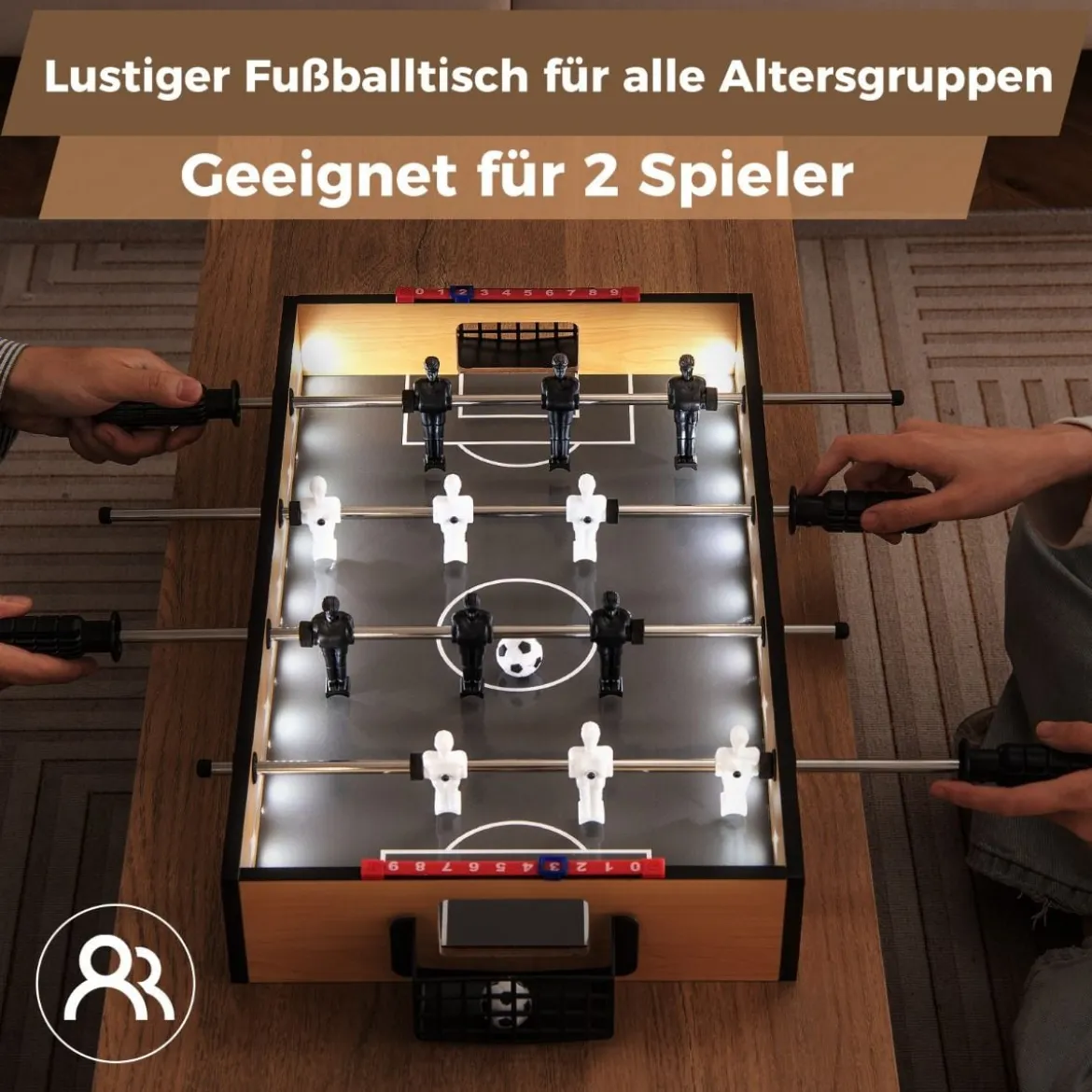 Tischkicker inkl. 2 Fußbälle & LED-Licht Kickertisch aus Holz Tischfußball Mini Fußball Spieltisch