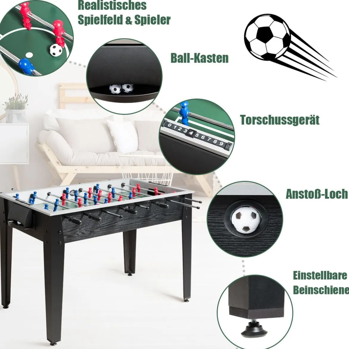 Tischkicker in Wettbewerbsgröße Kickertisch für Erwachsene und Kinder 122 x 61 x 79cm Schwarz