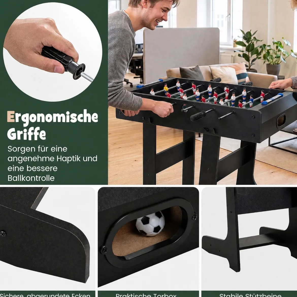 Tischkicker Platzsparender Fußballtisch mit Robustem Griff 33 x 36 x 109 cm Schwarz