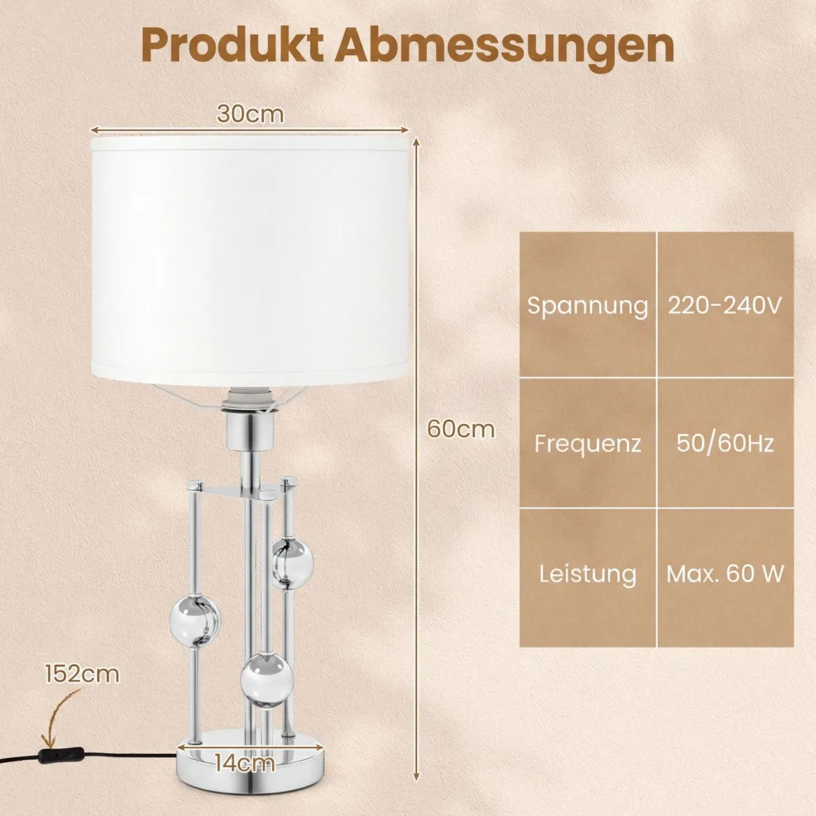 Tischlampe Nachttisch-Schreibtischlampe mit E27-Fassung Leinenstoff-Lampenschirm und Dekorativen Kugeln