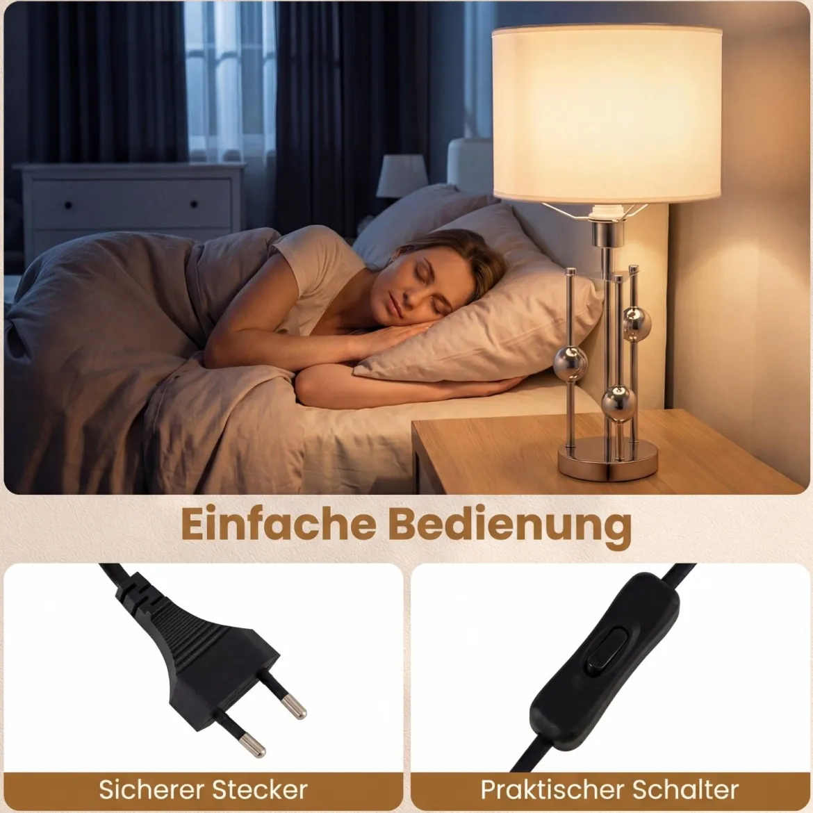 Tischlampe Nachttisch-Schreibtischlampe mit E27-Fassung Leinenstoff-Lampenschirm und Dekorativen Kugeln