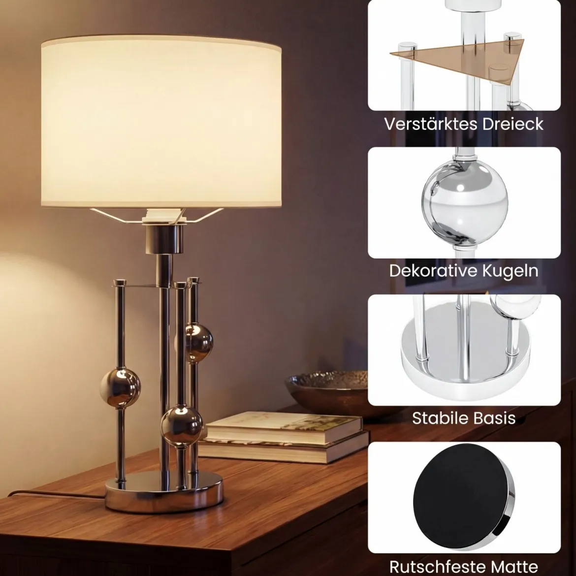 Tischlampe Nachttisch-Schreibtischlampe mit E27-Fassung Leinenstoff-Lampenschirm und Dekorativen Kugeln