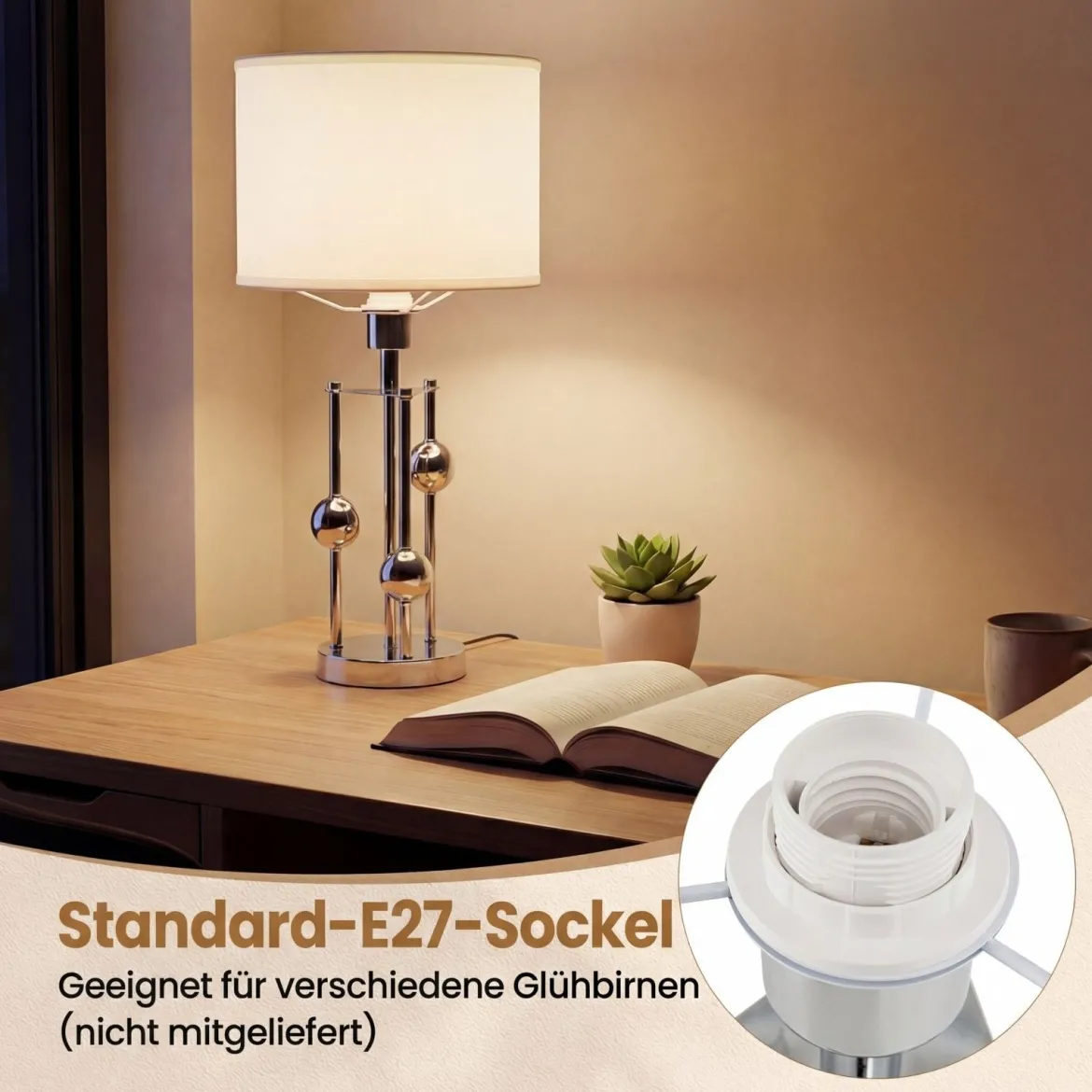 Tischlampe Nachttisch-Schreibtischlampe mit E27-Fassung Leinenstoff-Lampenschirm und Dekorativen Kugeln