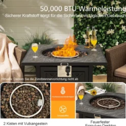 Tisch mit Feuerstelle 81cm großer Selbstentzündender Propan-Feuerstellentisch für Garten Balkon 81,5 x 81,5 x 63 cm
