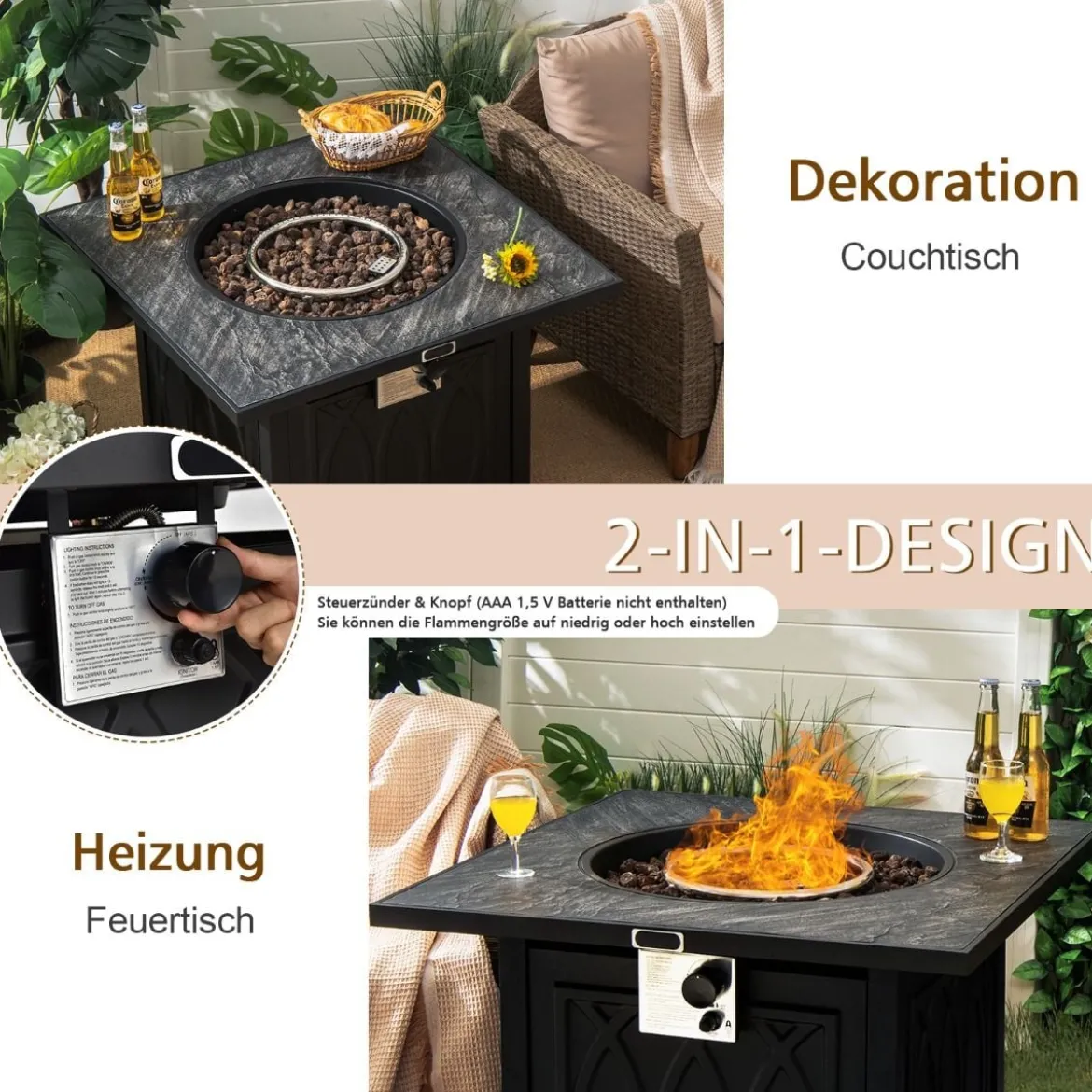Tisch mit Feuerstelle 81cm großer Selbstentzündender Propan-Feuerstellentisch für Garten Balkon 81,5 x 81,5 x 63 cm
