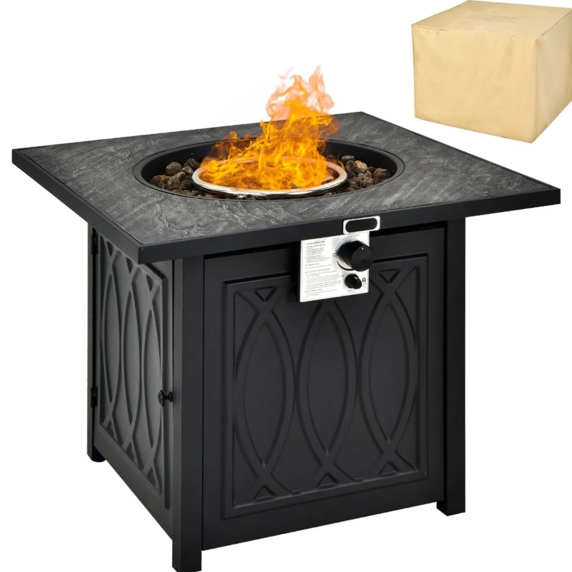 Tisch mit Feuerstelle 81cm großer Selbstentzündender Propan-Feuerstellentisch für Garten Balkon 81,5 x 81,5 x 63 cm