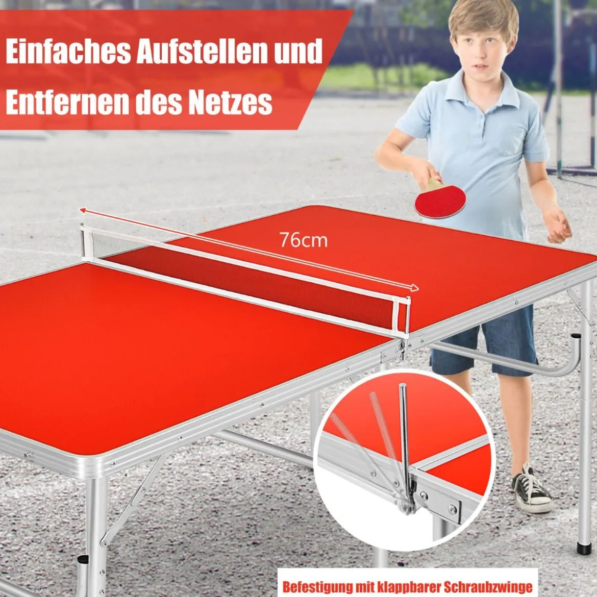 Tischtennisplatte Tischtennis Platte Tischtennistisch klappbar 152,5 x 76 x 76 cm Rot + Silber