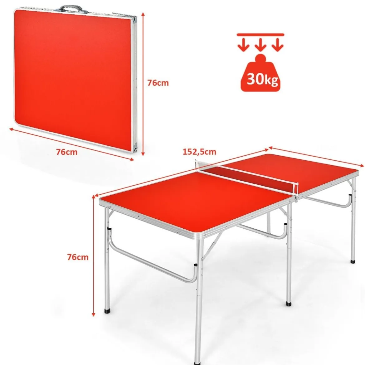 Tischtennisplatte Tischtennis Platte Tischtennistisch klappbar 152,5 x 76 x 76 cm Rot + Silber