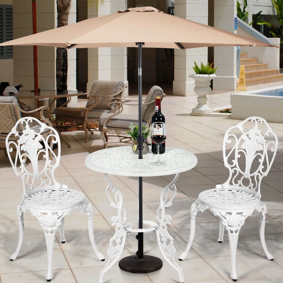 3tlg. Antik Bistroset Garten Sitzgruppe Balkonset mit 2 Stühle Alu Weiß