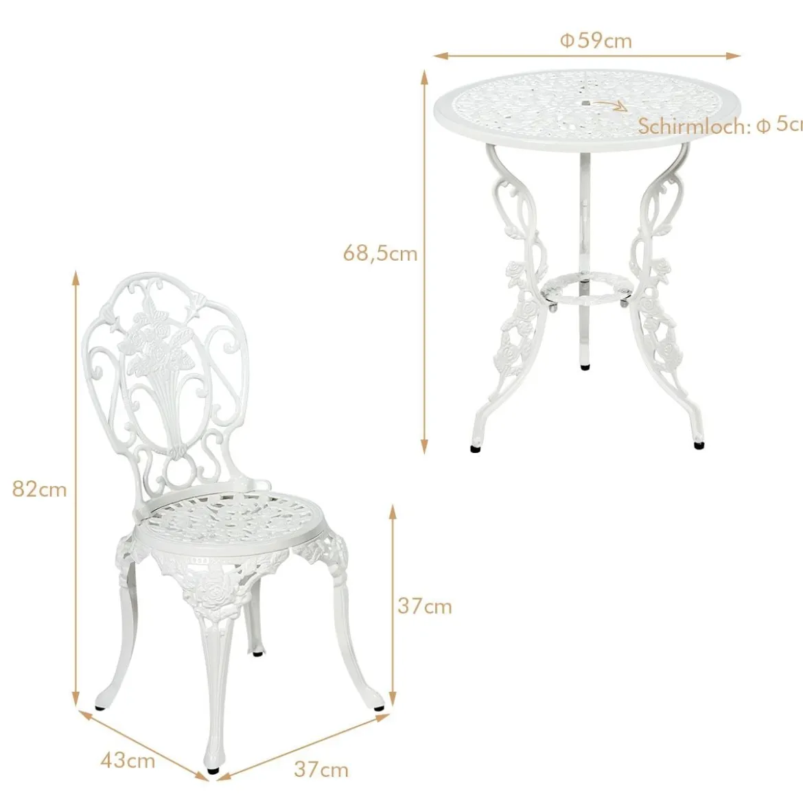 3tlg. Antik Bistroset Garten Sitzgruppe Balkonset mit 2 Stühle Alu Weiß