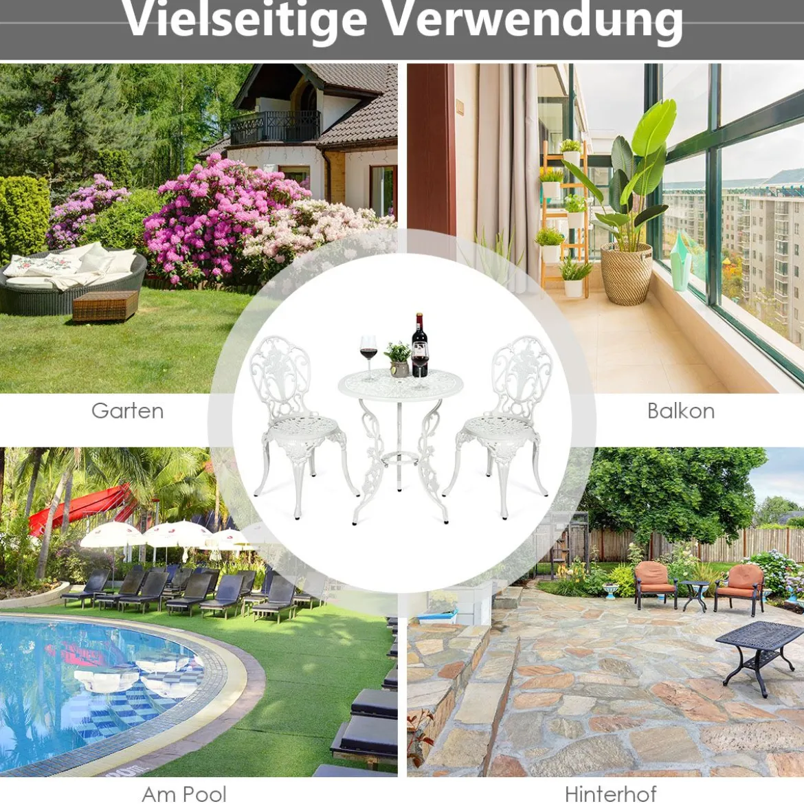 3tlg. Antik Bistroset Garten Sitzgruppe Balkonset mit 2 Stühle Alu Weiß
