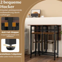 3 tlg. Ausziehbares Esstisch-SetKlappbarer Küchentisch auf Rollen mit 2 Stühlen & Weinregal