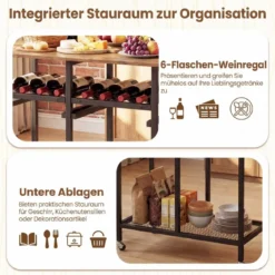 3 tlg. Ausziehbares Esstisch-SetKlappbarer Küchentisch auf Rollen mit 2 Stühlen & Weinregal